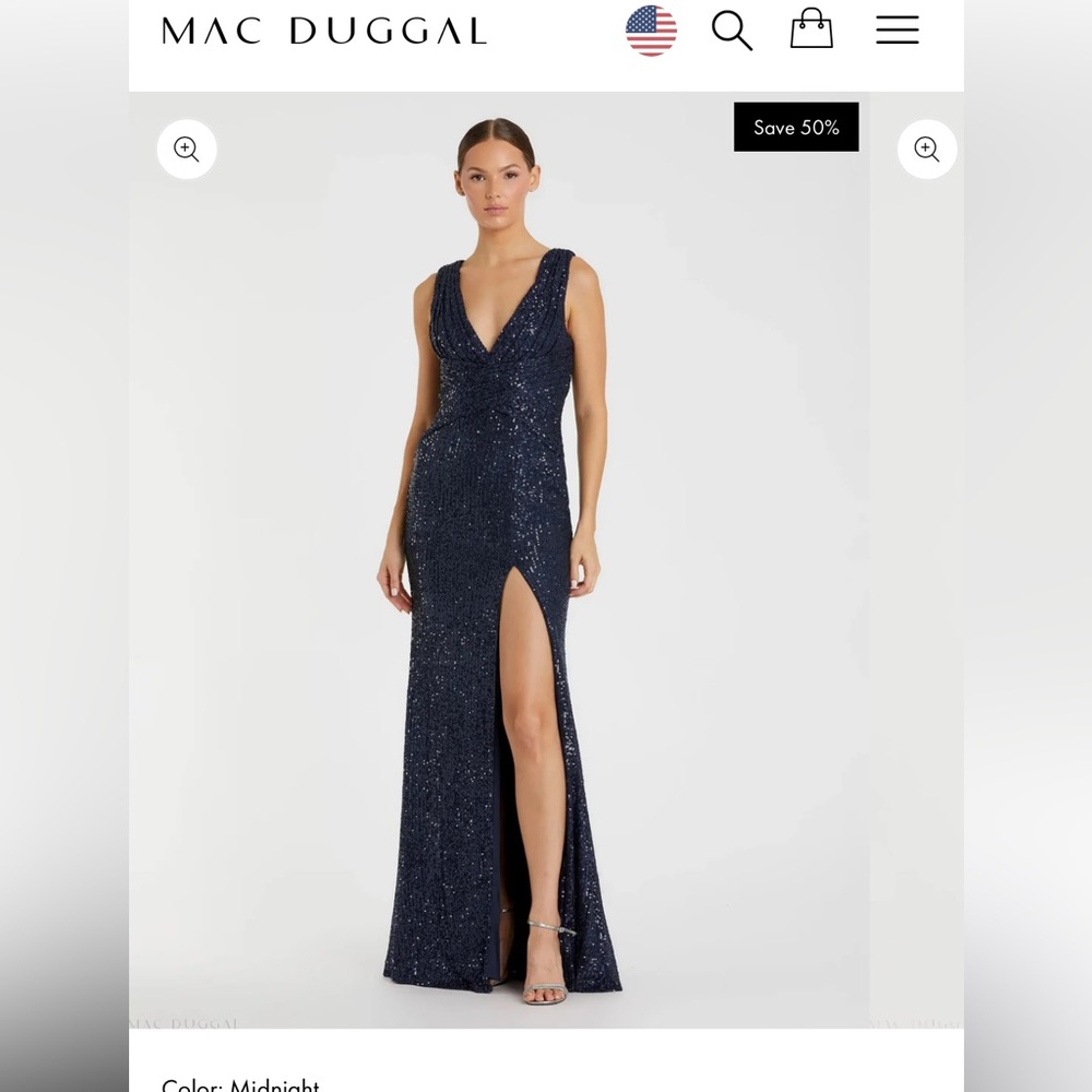 Mac Duggal Navy V-Neck Sequin Wrap Waist Gown Sz 20